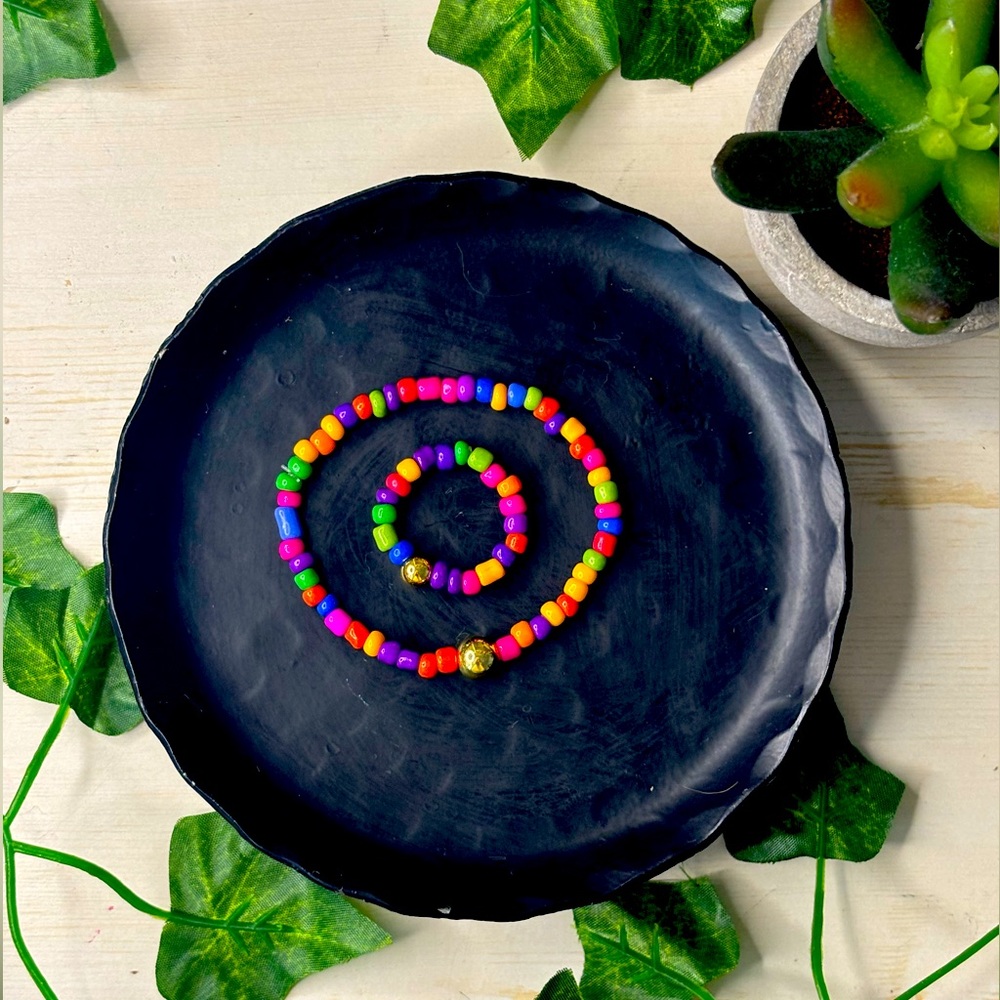 Cute handmade rainbow bead bracelet including rainbow ring